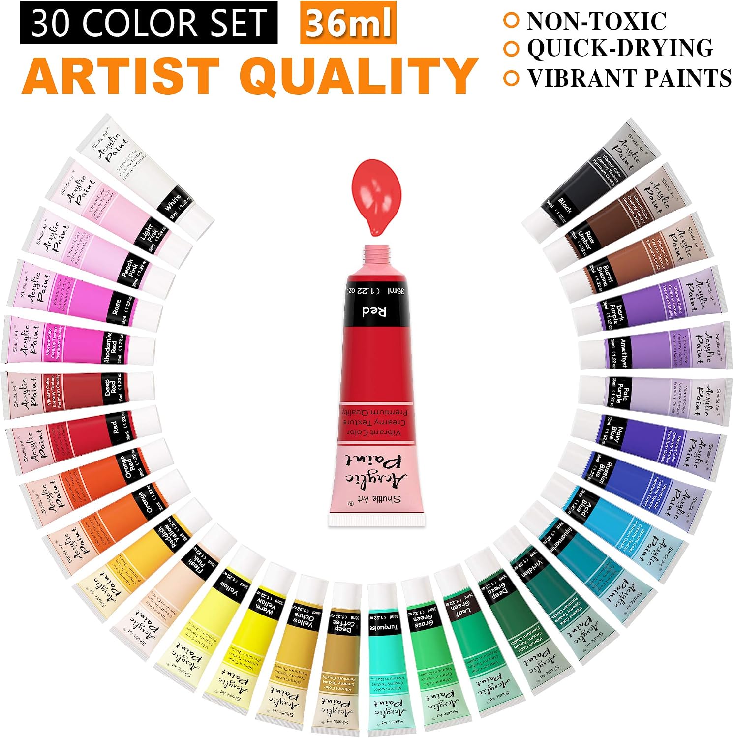 Shuttle Art Acrylic Paint Set, 30 Colours Acrylic Paint in Tubes (36ml) with 3 Brushes, Artist Grade, Rich Pigments - Image 3