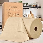 KitchLife Microfiber Cleaning Cloth Roll, 100 Pack - Tear-Away Microfiber Paper Towels, Lint-Free, Reusable, Washable for Kitchen, Car, Dishes, and Sensitive Surfaces (Wheat)