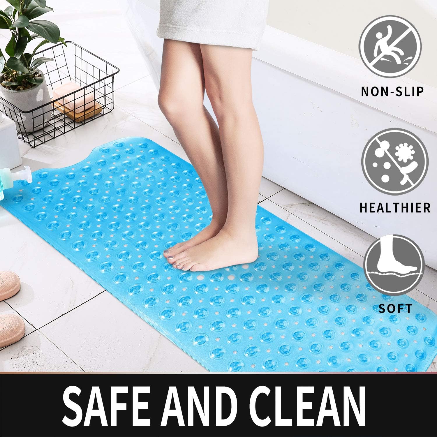 Yimobra Original Bath Tub Shower Mat Extra Long 16 x 40 Inch, Non-Slip with Drain Holes, Suction Cups, Phthalate Free, Latex Free, BPA Free and Machine Washable Large, Bathroom Mats, Clear Blue: Home & Kitchen