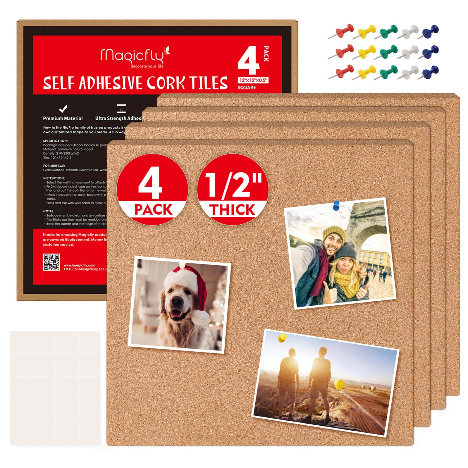 Magicfly 4Pack Square Cork Tiles Adhesive Cork Boards with Bonus 40