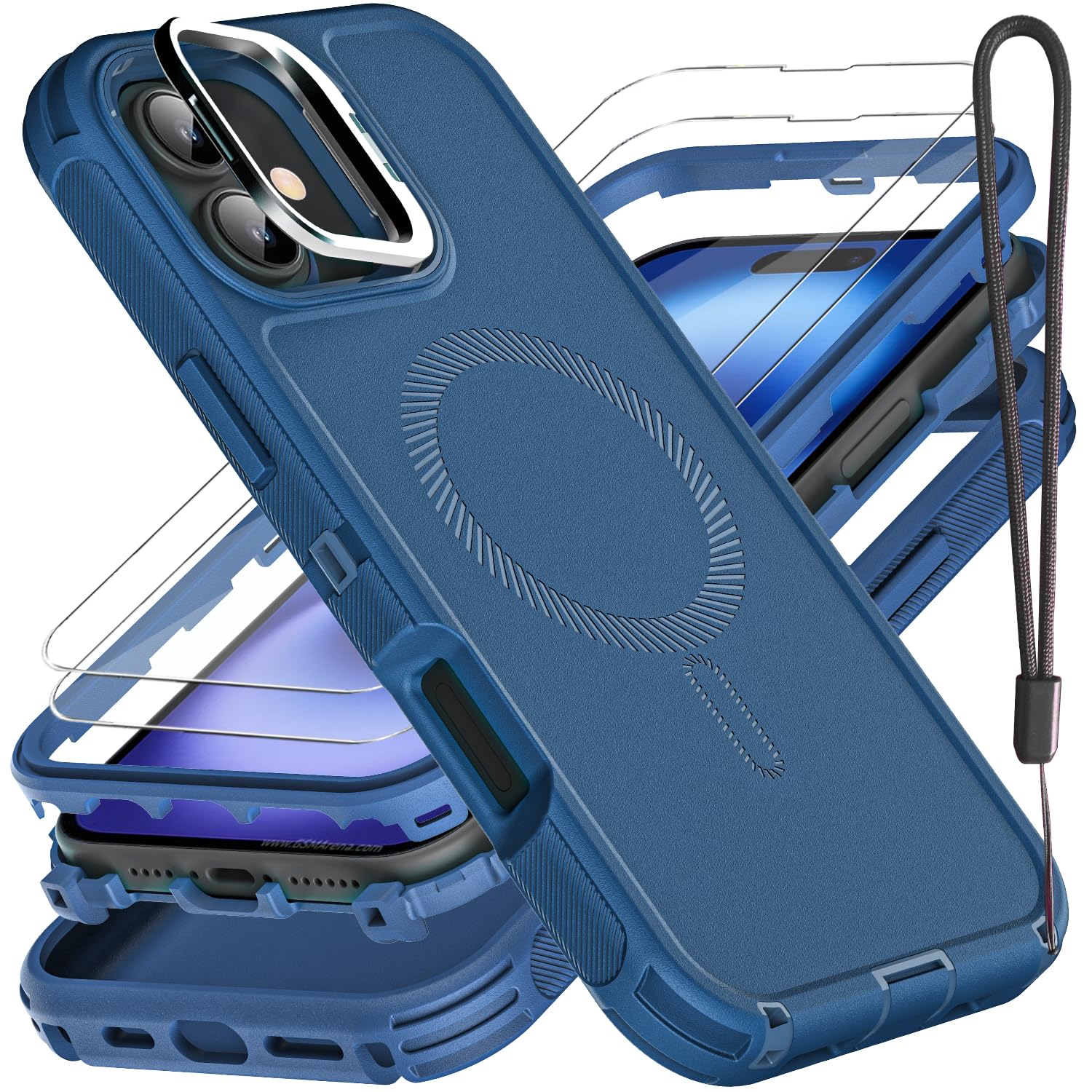 YKHJKLEC for iPhone 16 Case, Military Grade 3 in 1 Heavy Duty Shockproof/Drop Proof/Dust Proof with Kickstand Case, with 2 x Tempered Glass Screen Protector & 1 x Wrist Strap (ZJ-Navy Blue)