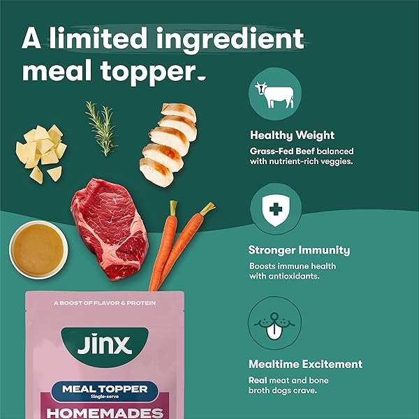 JINX BEEF & CHICKEN WET DOG FOOD POUCHES, MEAL OR DOG FOOD TOPPER MIX-IN, MADE WITH REAL BEEF & CHICKEN, BONE BROTH, NO FILLERS – PUPPY, ADULT, SENIOR, 3OZ, 8 PACK