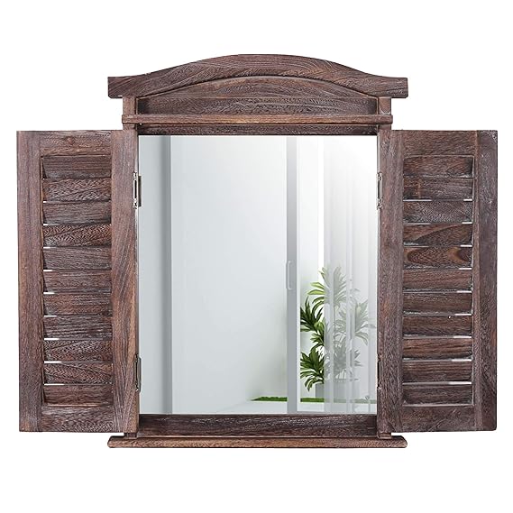 Mendler Wandspiegel Spiegelfenster mit Fensterläden 53x42x5cm ~ braun Shabby