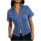 OYOANGLE Women's Short Sleeve Button Down Denim Jackets Collared Fitted Y2K Jean Shirt Tops