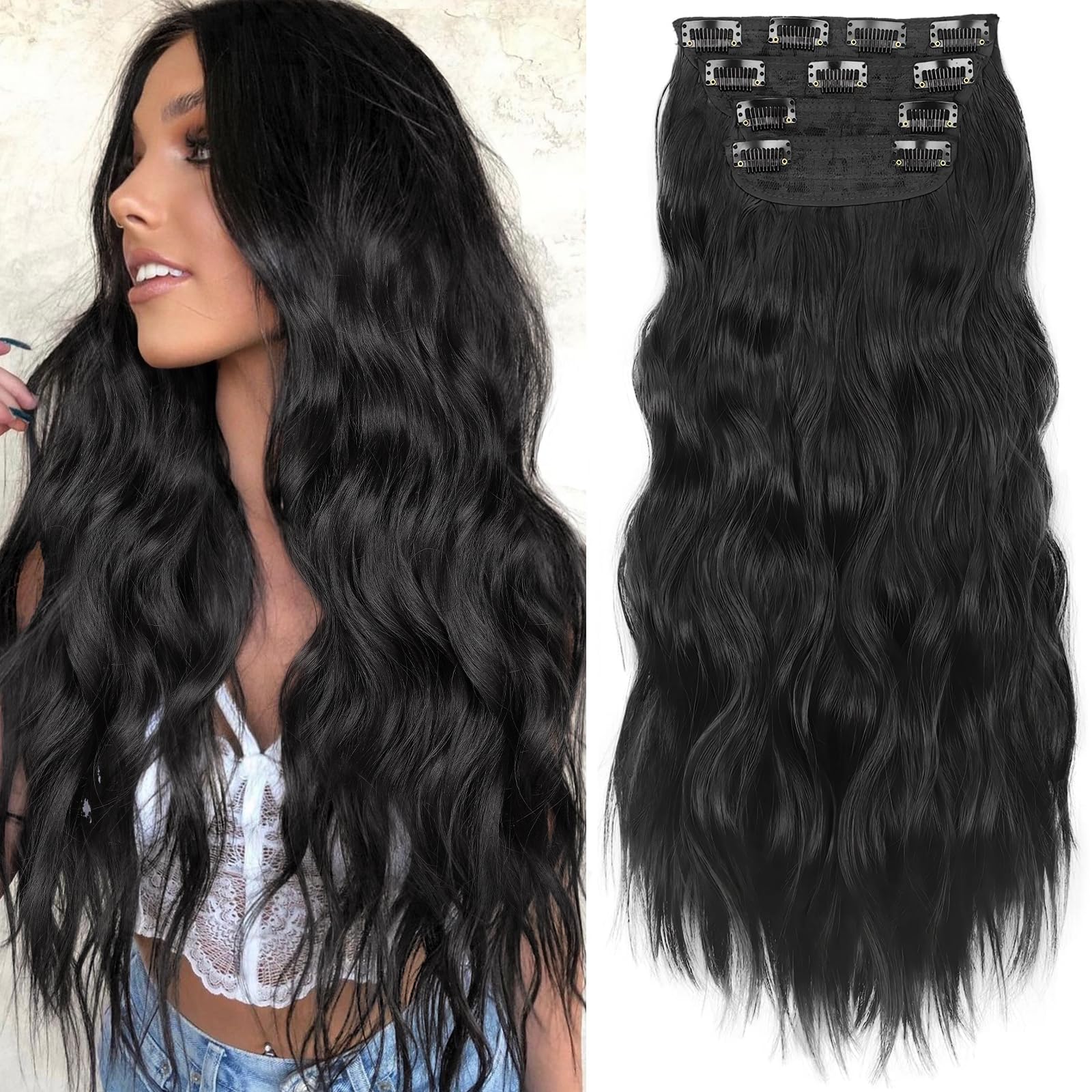 Photo 1 of KooKaStyle Clip in Synthetic Hair Extensions Long Wavy 4PCS Thick Hairpieces Black Fiber Double Weft Natural Hair Extensions 24 Inch for Women