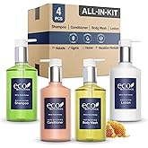 Eco Botanics Hotel Amenities Set | 10.14oz Pump Bottles | Shampoo, Conditioner, Hand & Body Wash, and Lotion | Set of 4