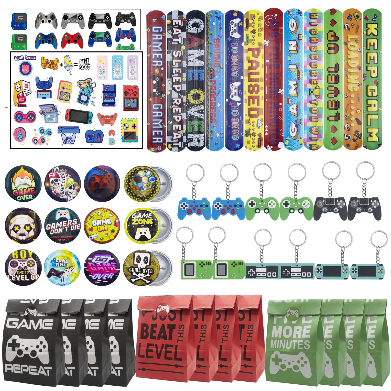 Mooshy 62 PCS Video Game Party Bag Fillers Boys Party Bags Gamer Party Favours with Slap Bands Gaming Keychain and Tattoos Stickers Button Pins Party Supplies Goodie Bag Fillers for Childrens