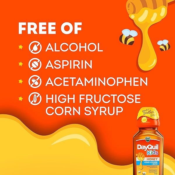 VICKS DAYQUIL KIDS COLD AND COUGH + MUCUS RELIEF MADE WITH REAL HONEY FOR KIDS 6+ TASTES GREAT 8OZ