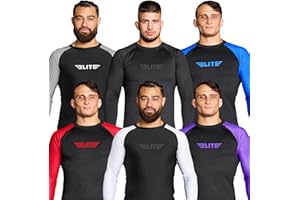 Elite Sports Men's Jiu Jitsu BJJ Rash Guard, Long Full Sleeve Compression Shirt for Sports Nogi Training, IBJJF Rank Color