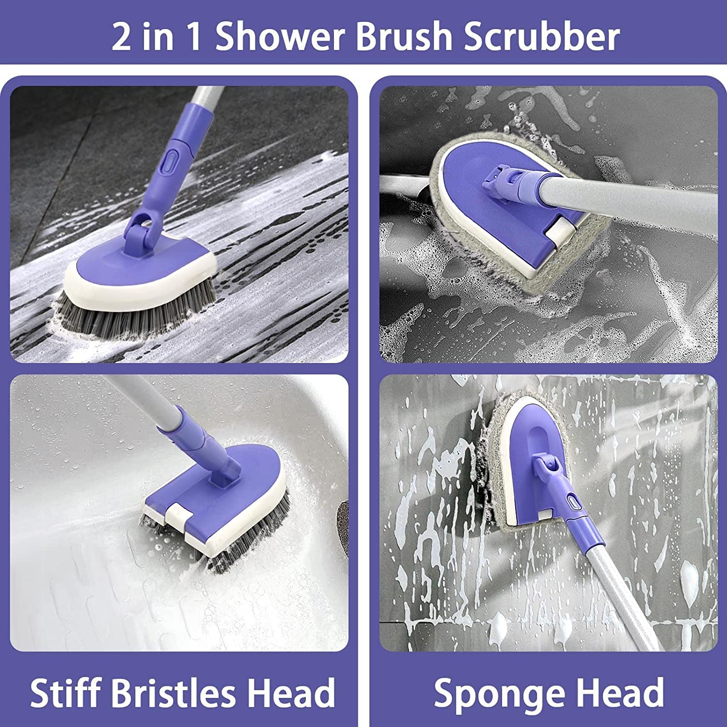ZUBULUN Cleaning Brush with 118 cm Long Handle, 2-in-1 Scrubber with Handle, Hard Bristles with 2 Floor Scrubbers, Cleaning Brush, Wall, Kitchen, Shower Bath, Floor