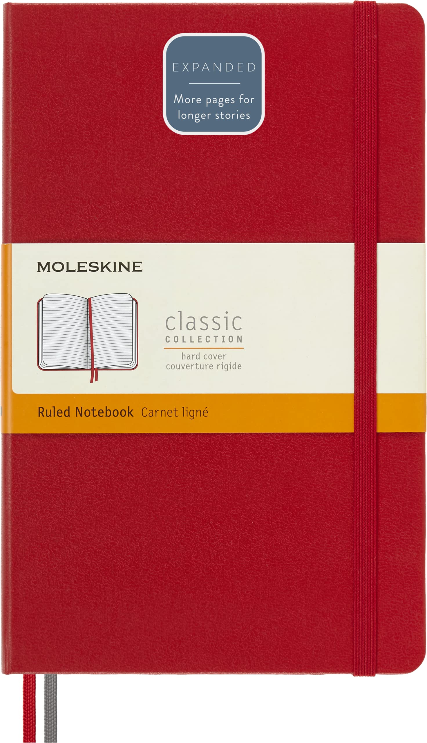 Moleskine - Classic Notebook Expanded, Ruled Notebook, Hard Cover and Elastic Closure, Size Large 13 x 21 cm, Colour Scarlet Red, 400 Pages