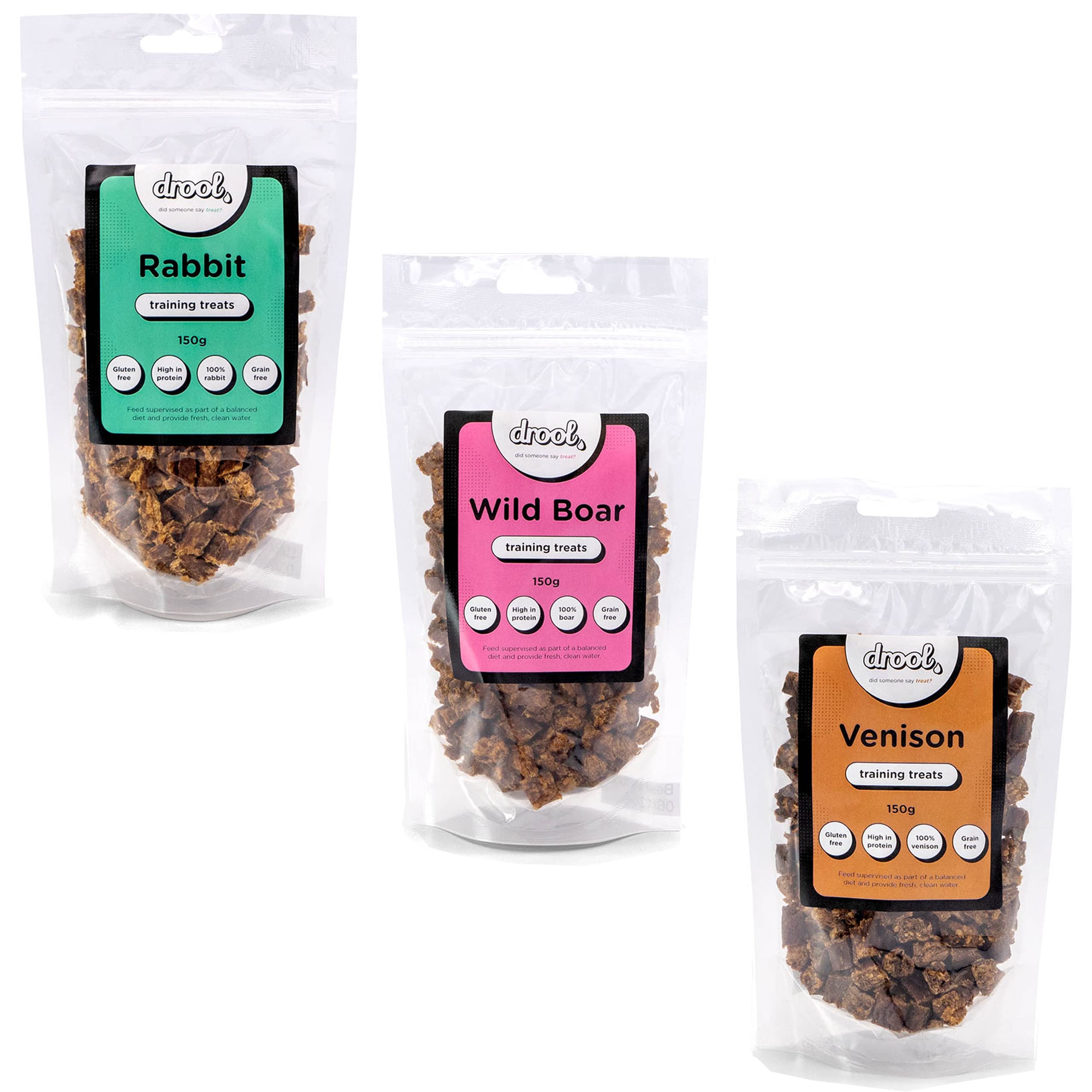 Drool Pet Products Natural Air Dried Dog Treats | Rabbit, Venison & Wild Boar | Grain Free Healthy Training Chews for Dogs | 3 x 150g