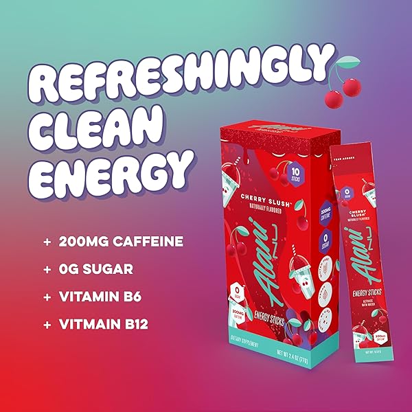 ALANI NU CHERRY SLUSH ENERGY STICKS | ENERGY DRINK POWDER | 200MG CAFFEINE | PRE WORKOUT PERFORMANCE WITH ANTIOXIDANTS | ON-THE-GO DRINK MIX | BIOTIN, B VITAMINS | ZERO SUGAR | 5 CALORIES | 10 PACK