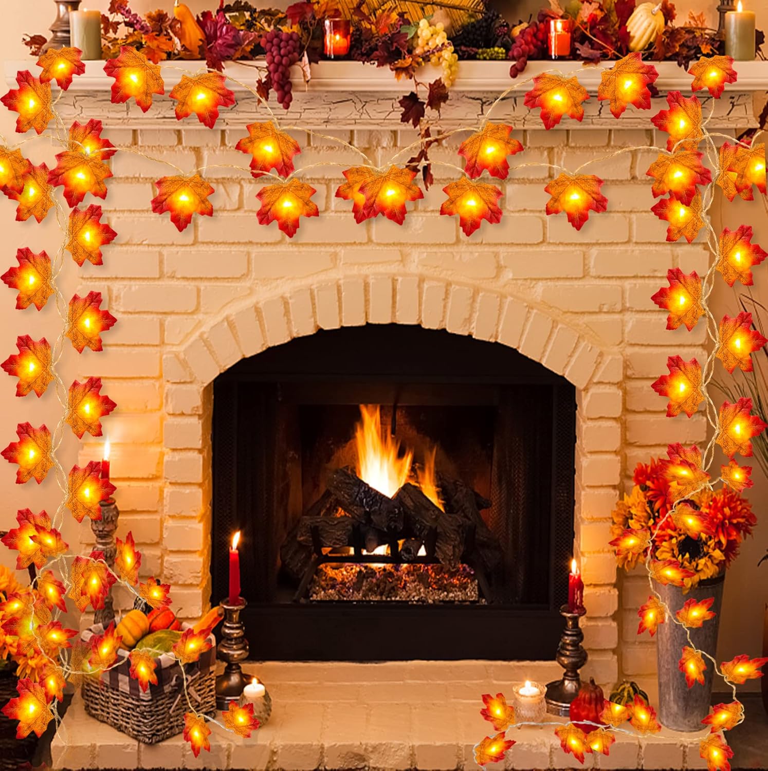 Wreaths, Garlands & Swags - Fall Lights Thanksgiving Fall Decor Lighted Fall Garland 20 Ft 40 LEDs Fall Leaves Garland String Lights Plug in Maple Leaf Lights for Harvest Autumn Halloween Decorations Indoor Outdoor Home