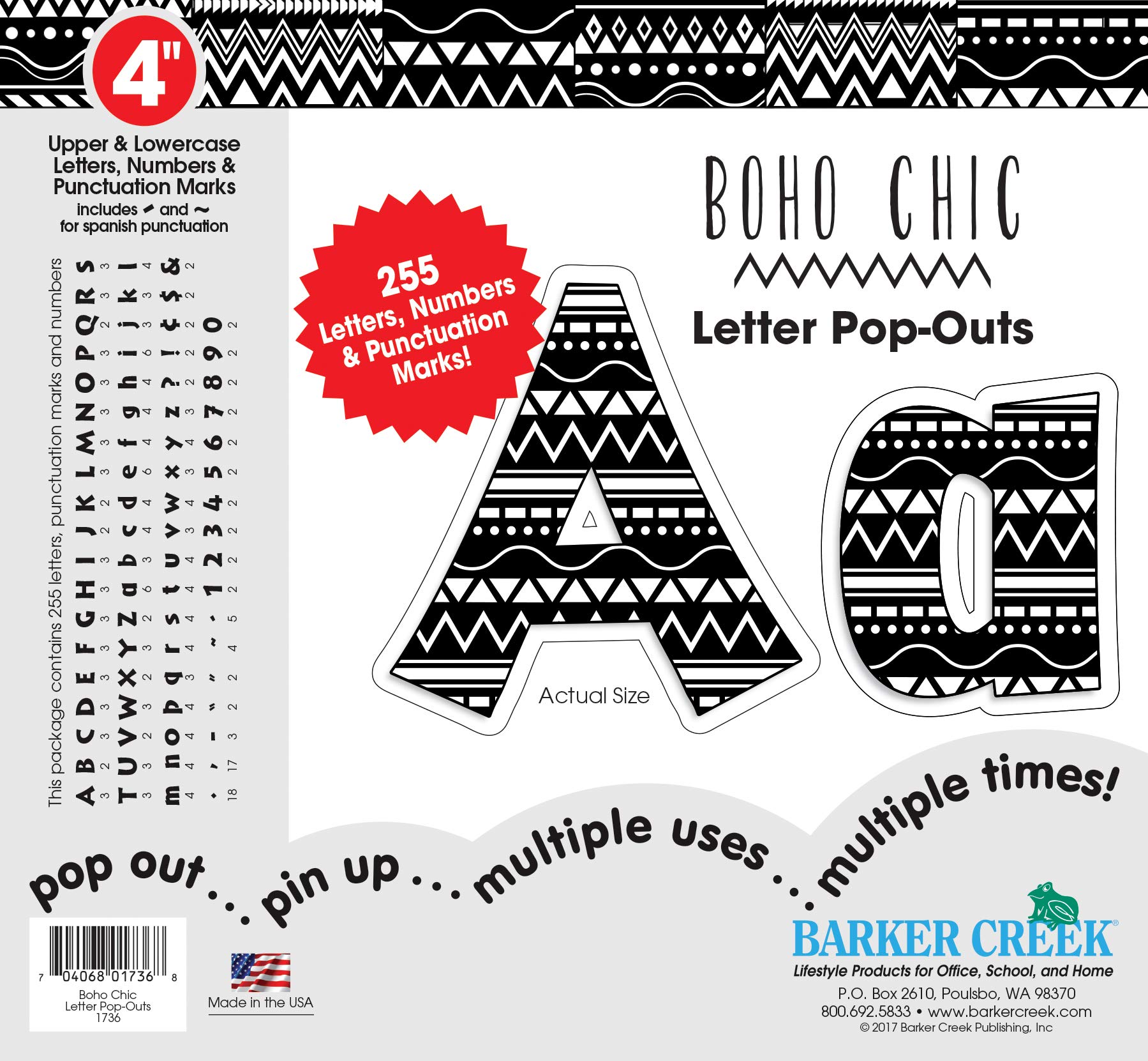 Barker Creek Letter Pop-Outs, 4" Boho Chic, Multicolor Designer Letters for Bulletin Boards, Breakrooms, Reception Areas, Signs, Displays, and More! 4", 255 Characters per Set (1736), Black and White