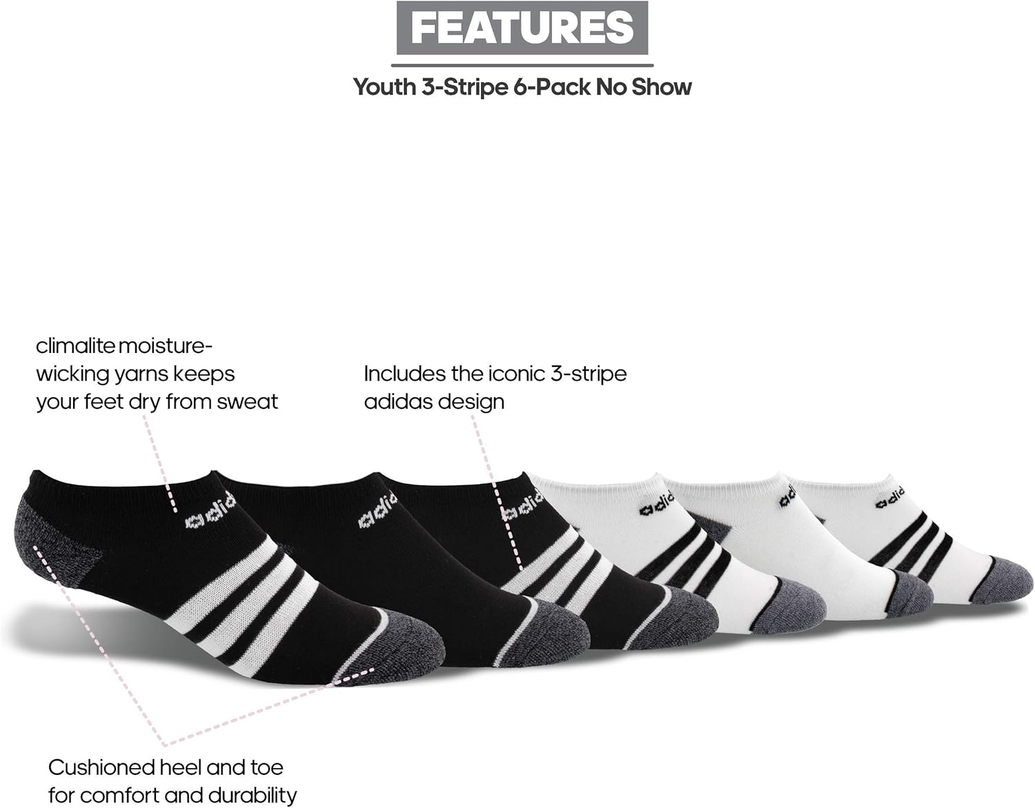 adidas Youth Kids-Boy's/Girl's 3-Stripes No Show Socks (6-Pair): Clothing