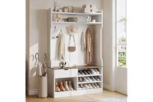 Vividwood Hall Tree with Bench, Simple Style 5 in 1 Hall Tree, Entryway Storage bench3-Layer Shoe Cabinet & 7 Coat Hooks, Separate Drawers, 42.9x15.94x70.86 in (Country White)