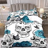 LUVIVIHOME 3PCS Sugar Skull Comforter Set Queen Size, Gothic Bedding Sets, White Quilt, Skeleton Butterfly Teal Rose Floral Room Decor for Women Men Teenage Boys Girls Bedroom Decor, 2 Pillow Shams