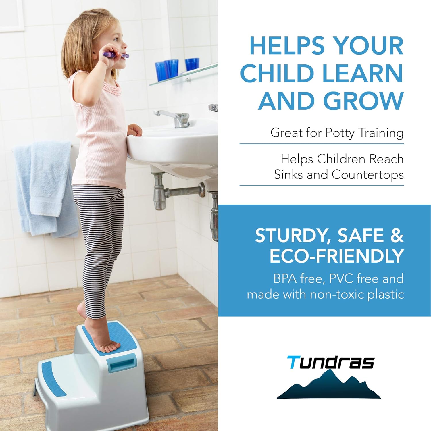 Two Step Kids Step Stools - 2 Pack, Blue - Child, Toddler Safety Steps for Bathroom, Kitchen and Toilet Potty Training - Non Slip Feet, Textured Friction Grip, Carrying Handle, Stackable : Baby