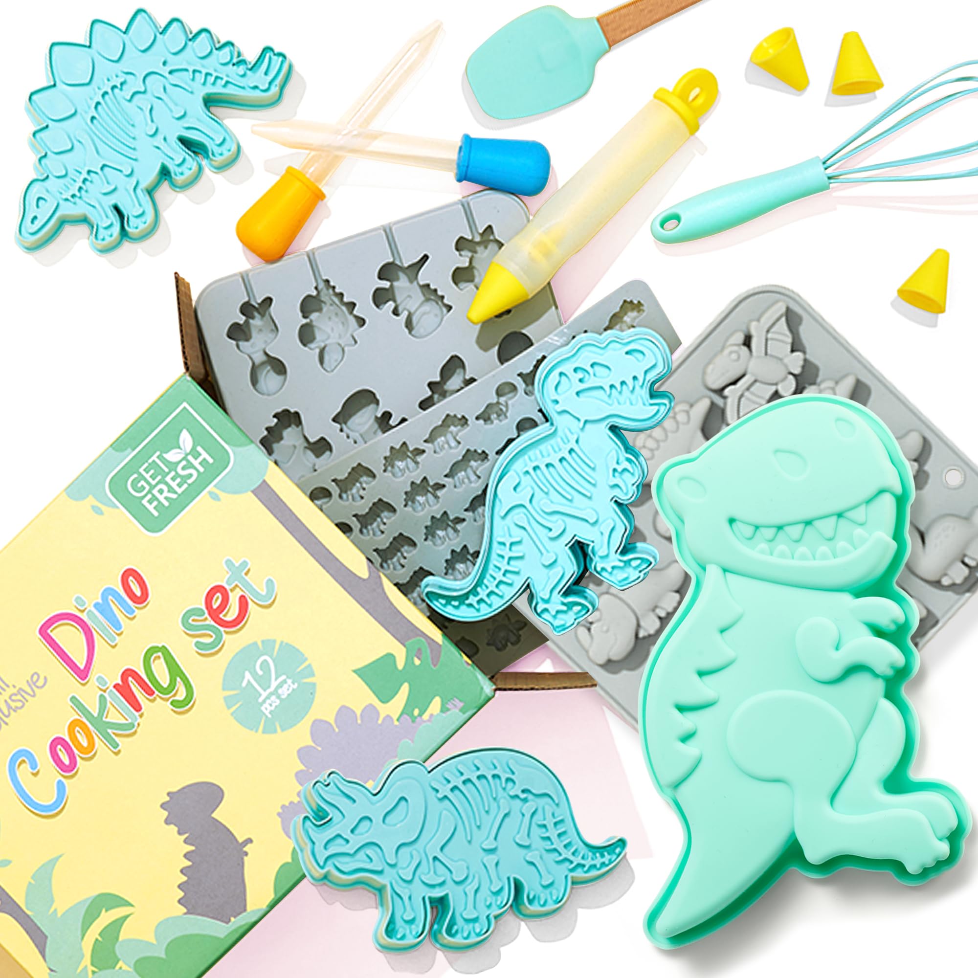 GET FRESH Dinosaur Baking Cooking Tool Set for Kids – 12-PCS Dino Silicone Bakeware Moulds for Kids Baking Candy Jelly Gummy Making and 3 Dinosaur Fossil Cookie Cutter Stampers – Dino Cake Candy Molds