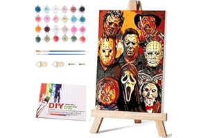 Pretyps Paint by Numbers Kit for Adults Framed Canvas, with Wooden Easel,Paint by Numbers for Kids Ages 8-12, Horror Movies DIY Acrylic Landscape Oil Painting Arts Crafts, 9.45x11.8inch