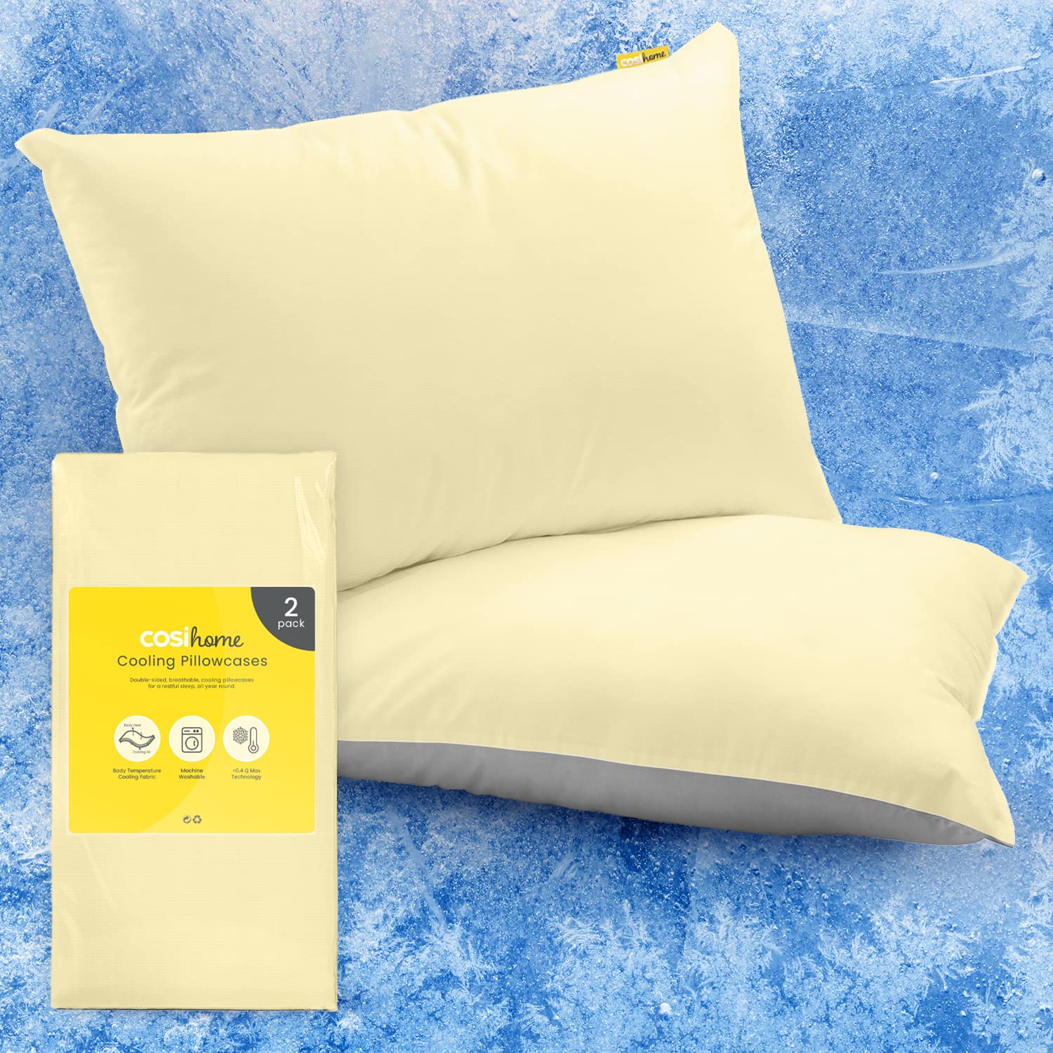 Cosi Home Cooling Pillow Cases (2 Pack) Q-Max 0.45, Double-Sided for Summer & Year-Round Use, Breathable Cool Silky Pillow Covers, Machine Washable - Yellow