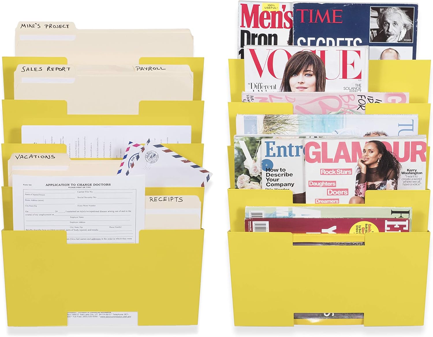 Wallniture Lisbon Metal Wall File Holder Organizer, 5-Tier Yellow Office Decor and Magazine Holder, File Folders Letter Size : Office Products