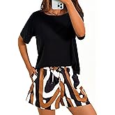 PRETTYGARDEN Women's Summer 2 Piece Outfits Lounge Sets Short Sleeve Tee Shirts Tops Blouses Pockets Printed Shorts Tracksuit