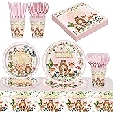 YYBD 141 Pcs Pink Woodland Tablewares Woodland Baby Shower Decorations Include Plates Napkins Cups Forks Woodland Creatures F