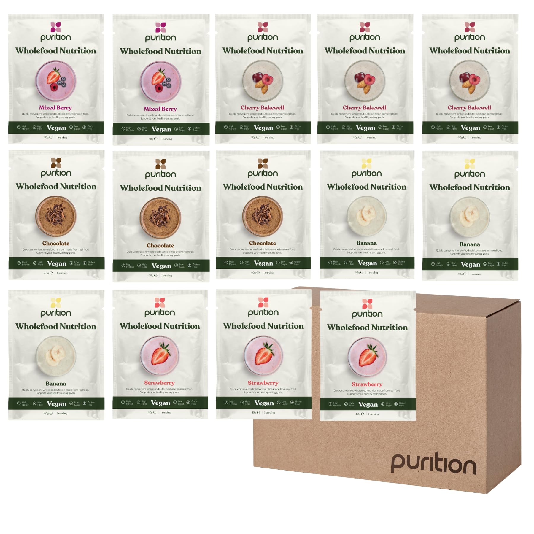 Purition Vegan Starter Pack | Premium Plant-Based Wholefood Sachets for Healthy Breakfasts | Dairy Free, High Protein Powder for Keto Shakes and Smoothies for Weight Loss | 14 x 40g sachets