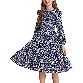 GRACE KARIN Girls Long Sleeve Fall Floral Dress Ruffle Round Neck Smocked Layered Hem