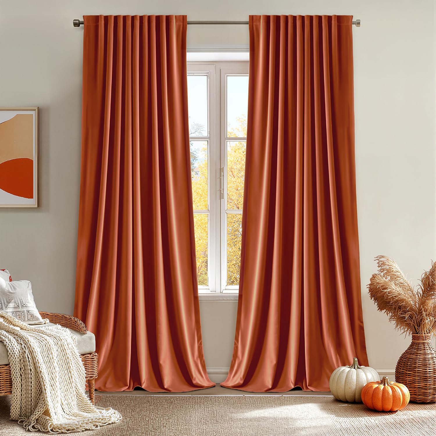 MIULEE Fall Burnt Orange Velvet Curtains 84 Inches Long 2 Panels - Back Tab and Pleated Luxury Window Curtains for Bedroom Living Room Blackout Thermal Insulated Soft Drapes Terracotta Rust Decor Image