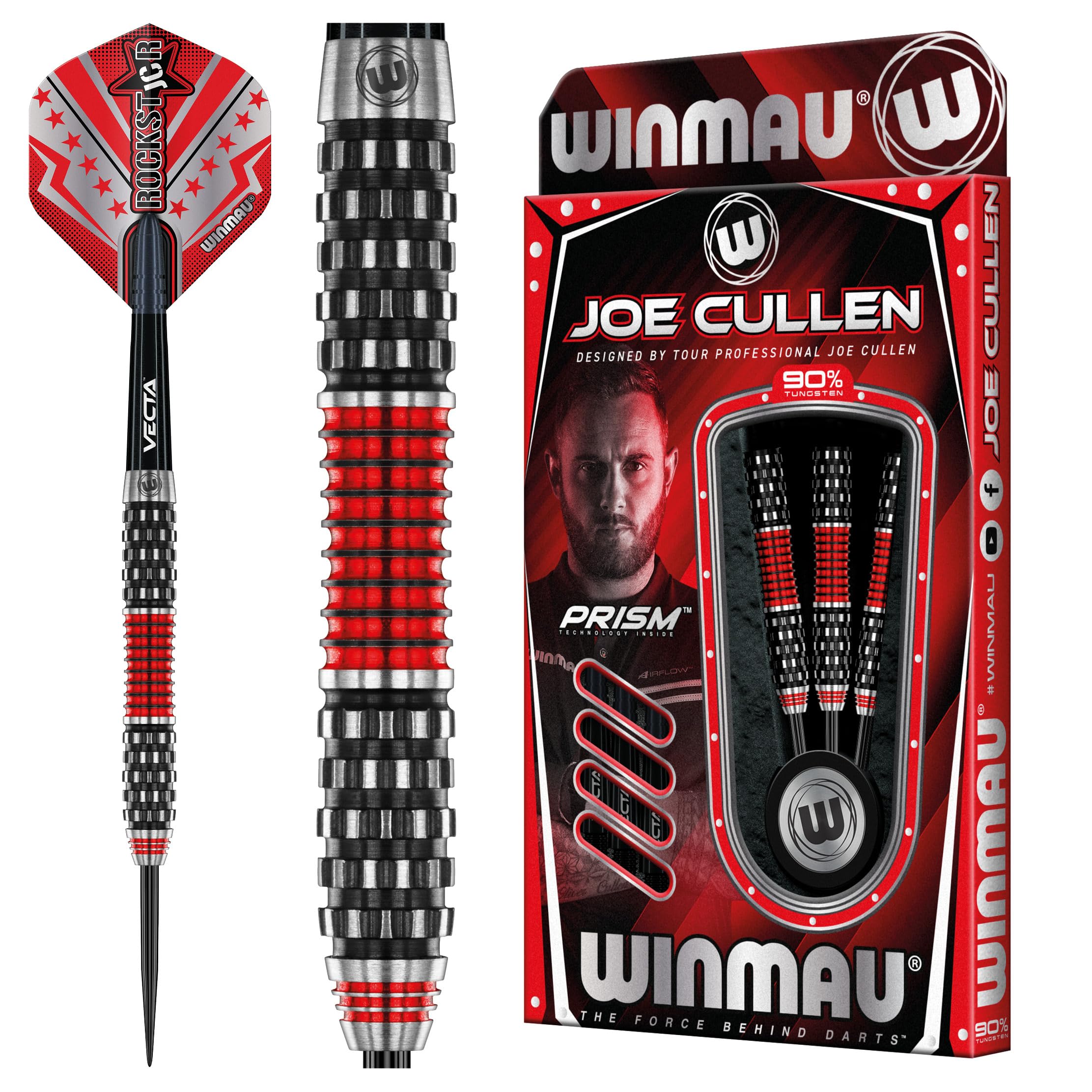WINMAU Joe Cullen Rockstar Series RS 1.0 24 Gram Professional Steeltip Tungsten Darts Set with Flights and Shafts (stems)