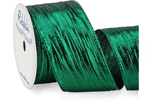 Ribbli Forest Green Crinkled Wired Ribbon with Metallic Edge, Forest Green Christmas Ribbon for Garland, Wreaths,Topper Bow,Swags, Christmas Tree Decoration 2-1/2 Inch x 10 Yard