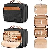 COOSKY Travel Hanging Toiletry Bag for Women, Holds Full-Size Shampoo, with Jewelry Organizer Compartment, Extra Large Makeup Bag, Waterproof Cosmetic Bag, Toiletries Kit Set with Trolley Belt, Black