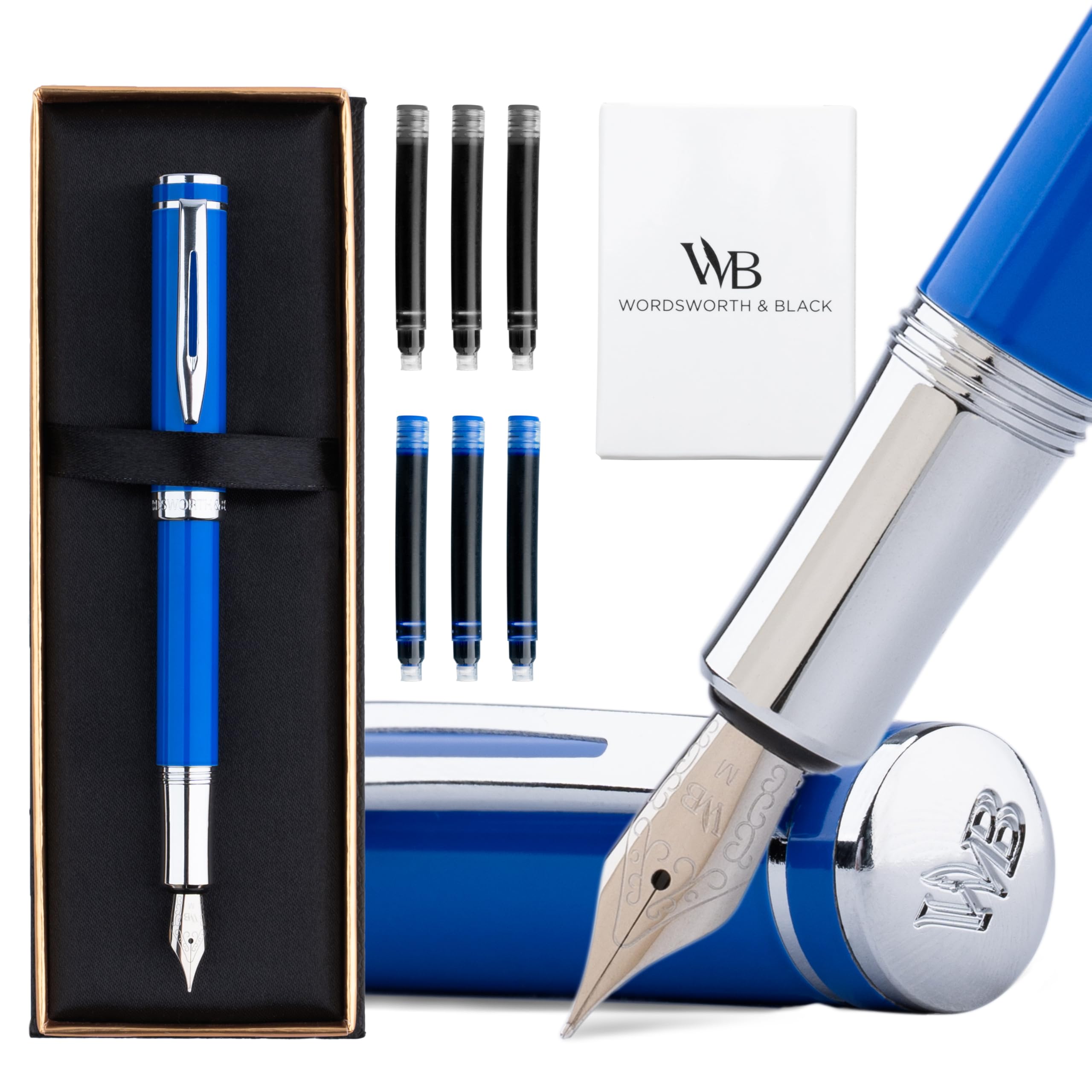 Wordsworth and Black Fountain Pen Mini EDC: Luxury Blue Heavy Pocket Pen, Chrome Finish, Medium Nib, 6 Ink Cartridges, Ink Converter, Travel Refillable Writing Pen Gift Set, Men & Women