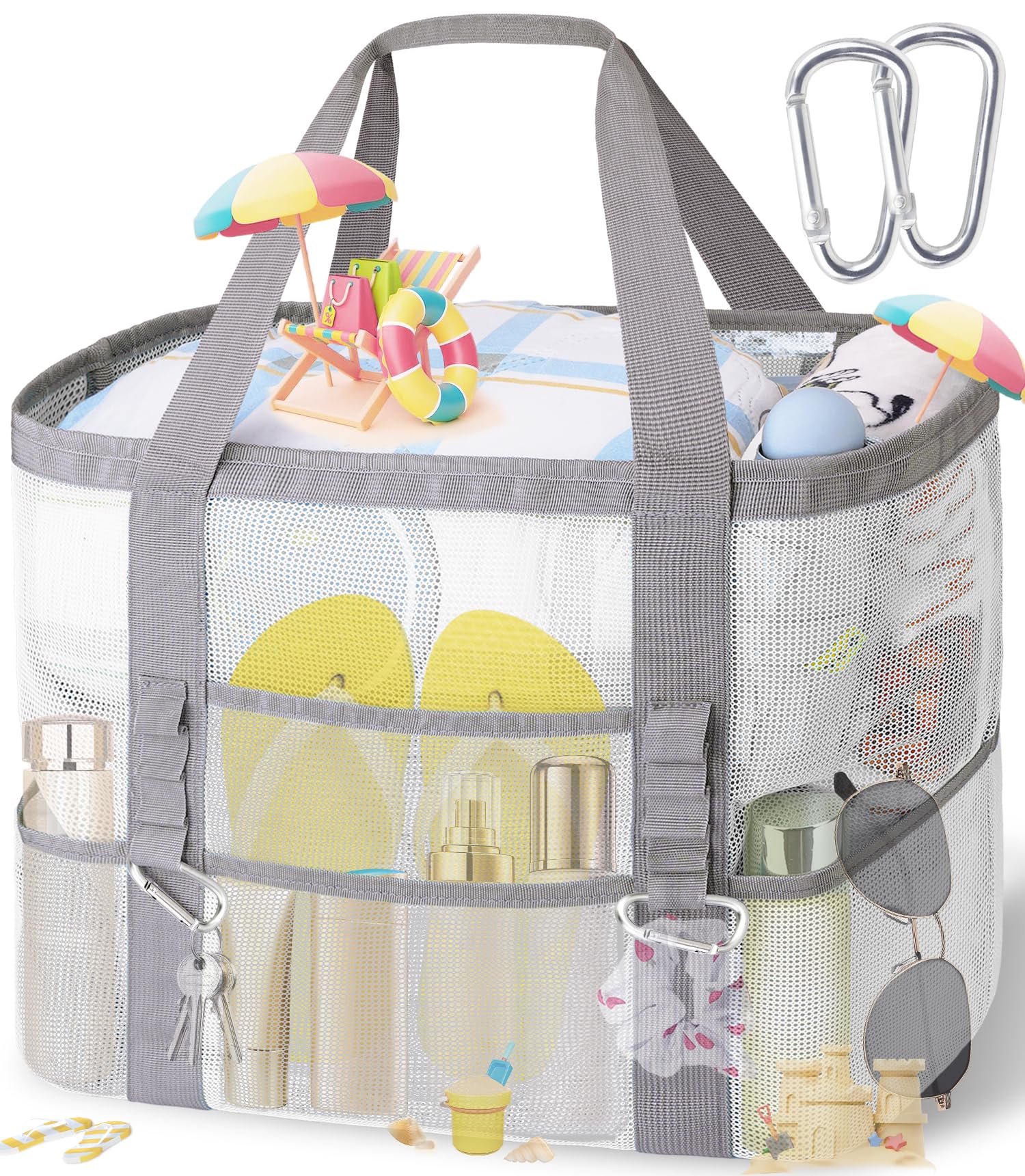 Photo 1 of Yeendibo XX-Large Mesh Beach Bag Tote - with 9 Pockets for Family Vacation/Travel & Beach Essentials, with Clear Inner Zipper Pocket,White…