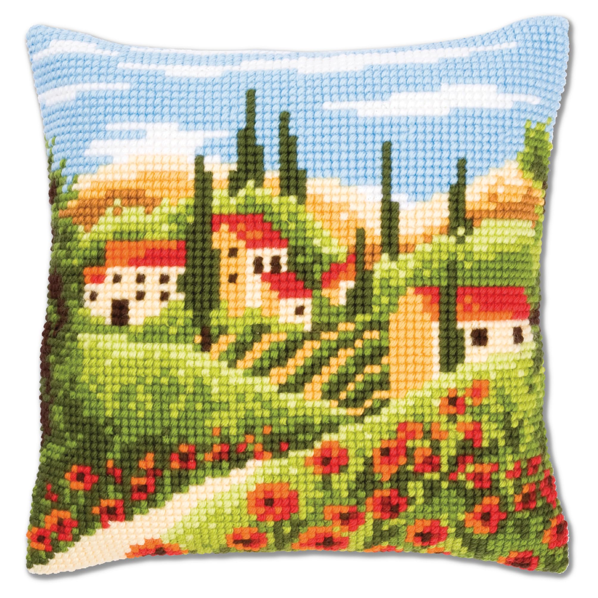 Vervaco Village Cross Stitch Cushion, Multi-Colour