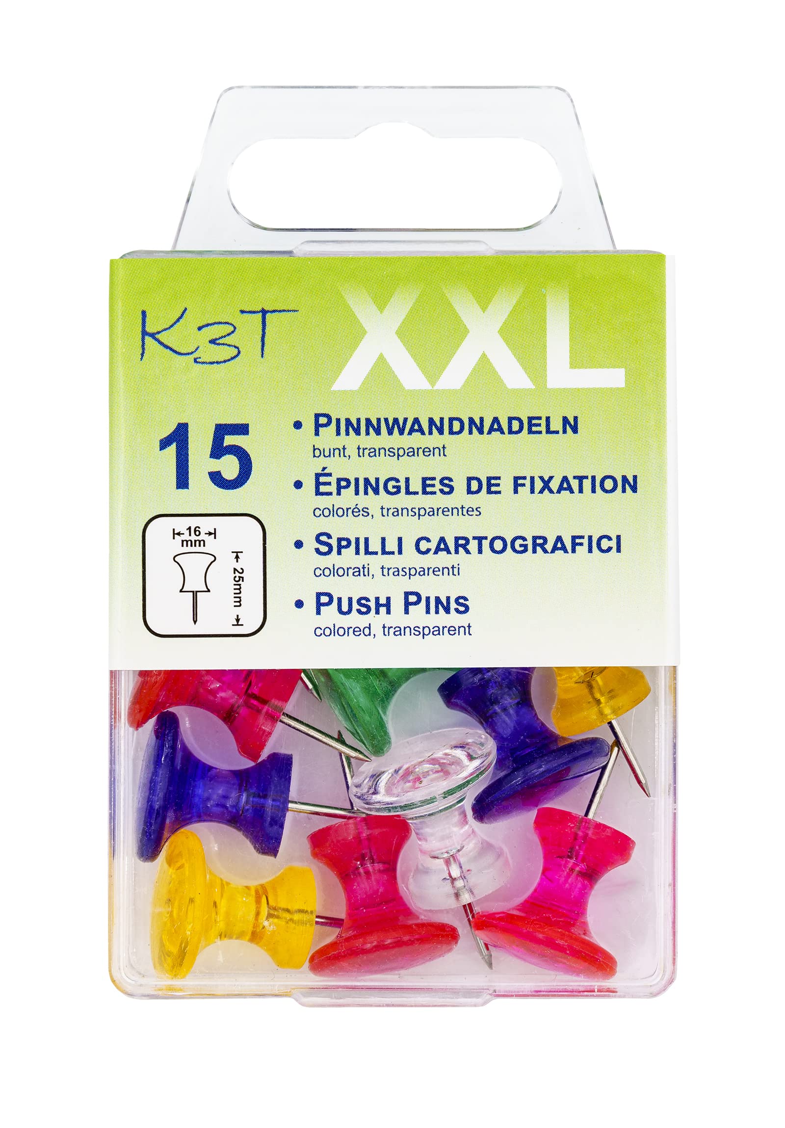 K3T Pin Board Pins XXL Colourful/Transparent Pack of 15 Item No. 48353