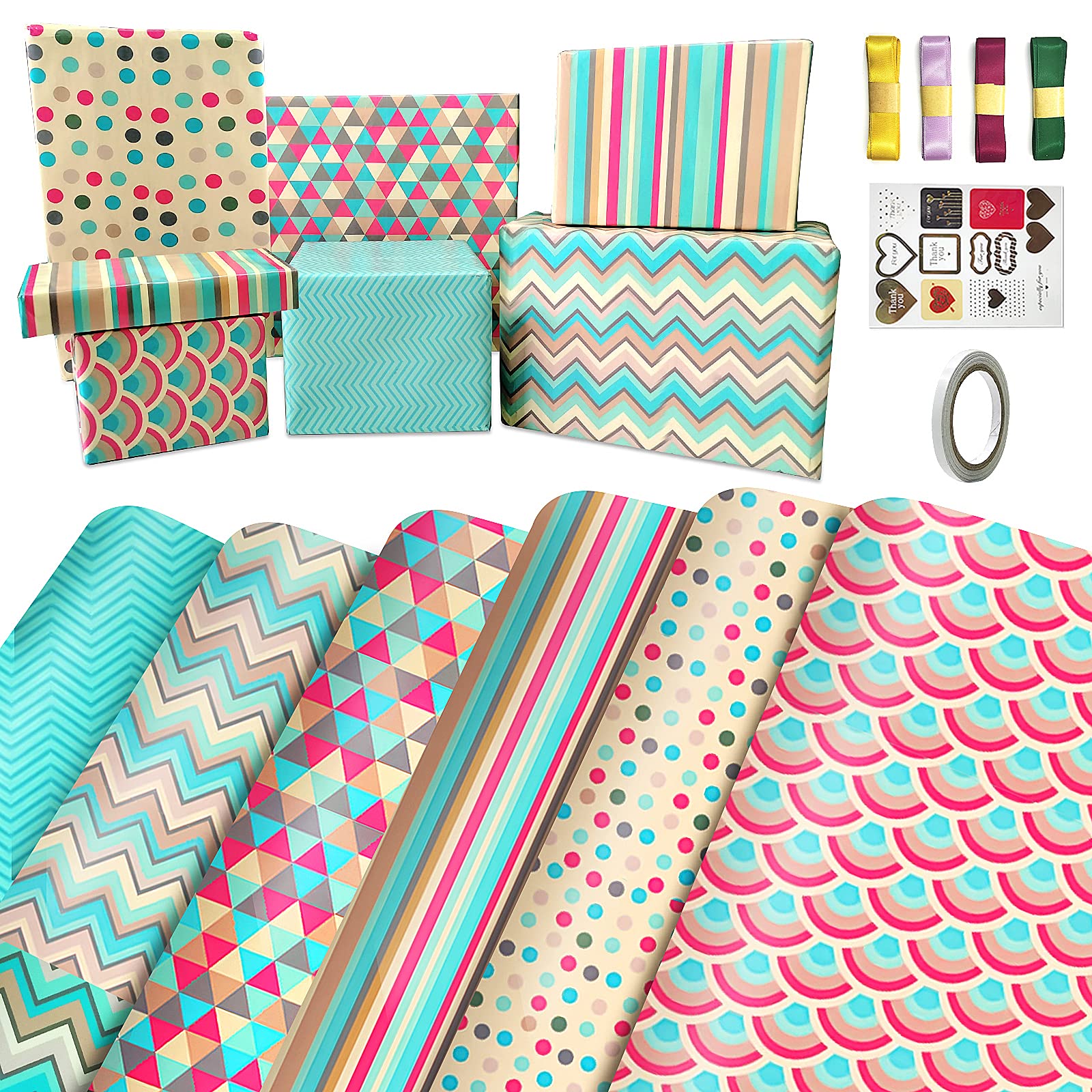 Bonkee Wrapping Paper Sheets-Birthday Wrapping Paper Set Included 6 Gift Wrap Papers with Sticker,Ribbon-Eco Present Gift Wrapping Paper Birthday for Women,Men,Female,Girl,Boy,Adult,Any Occasion