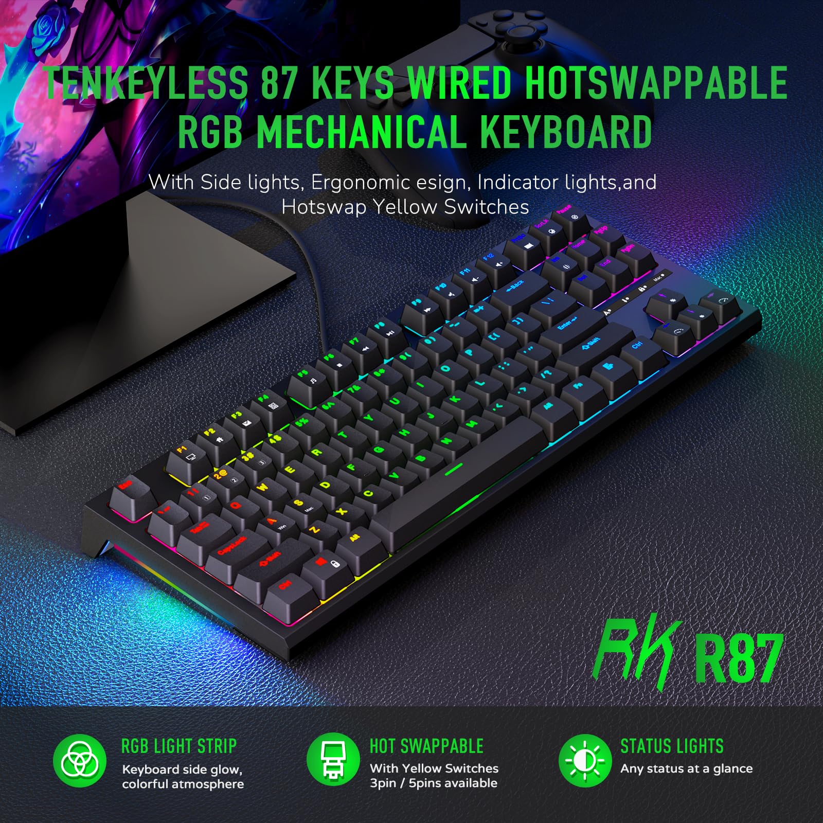 RK ROYAL KLUDGE R87 Mechanical Keyboard, 75% Layout Hot Swappable Wired Gaming Keyboard Software Macro Compact RGB Backlit PC Game Keyboards 87 Keys for Win Mac, Yellow Switch-Black