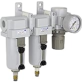 PneumaticPlus SAU430-N04DG-MEP Three Stage Air Drying System Particulate Air Filter, Coalescing Filter, Air Pressure Regulator Combo 1/2" NPT - Metal Bowl, Auto Drain, Bracket, Gauge
