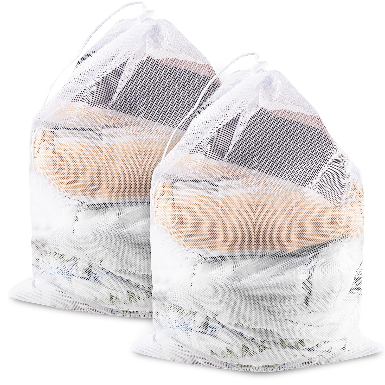 Photo 1 of 2 Pack Large Mesh Laundry Bags, 24" x 36" Heavy Duty Strong Drawstring Dirty Clothes Bags with Soft Breathable Net, Machine Washable Laundry Bag for College, Dorm, Camp, Travel and Family Use(White)