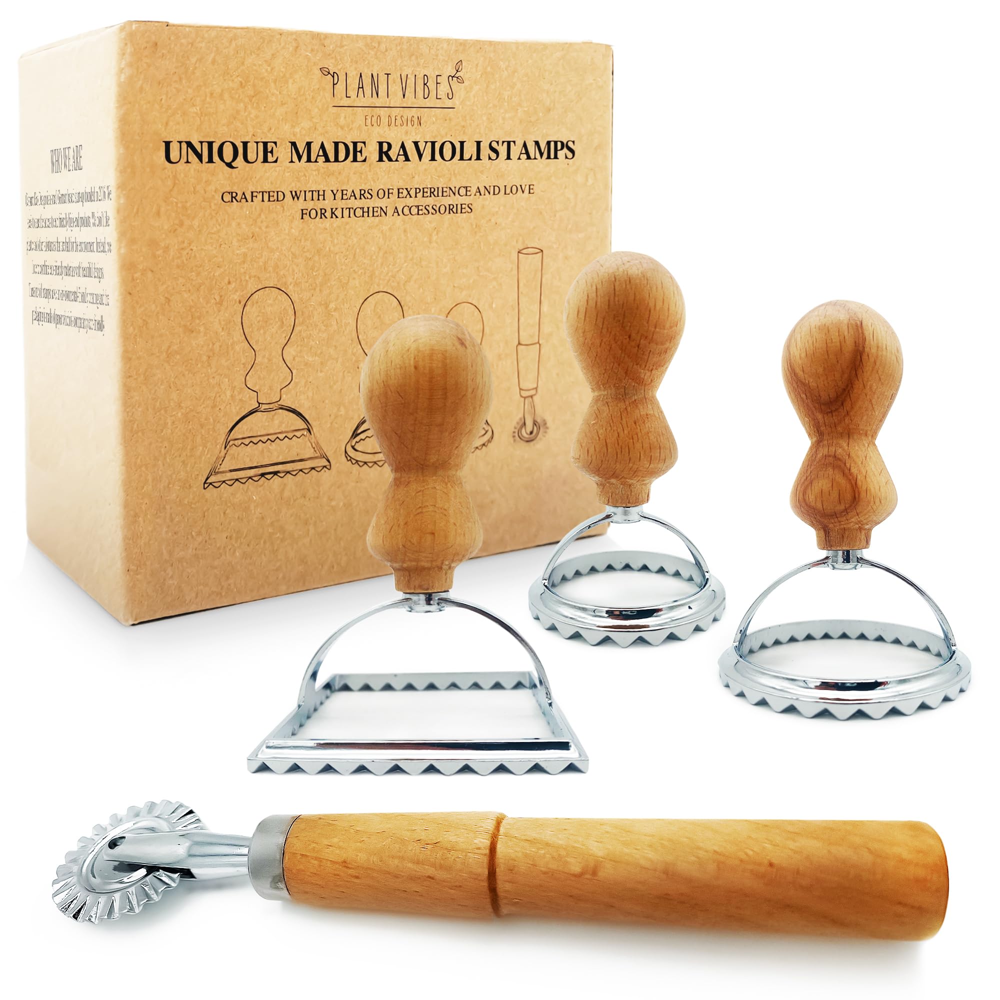 Plantvibes Ravioli Cutter Set of 3, Traditional Ravioli Stamps with Wooden Handle, Comfortable and Easy, Ravioli Maker Ideal for Home-Made Pasta
