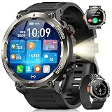 Military Smart Watch for Men(Answer/Make Calls),Outdoor Smartwatch with 100 Days Battery/Flashlight/Compass/Heart Rate/SpO2/Sleep Monitor/2 Straps, Rugged Fitness Watch for iPhone/Android Phones