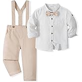 Volunboy Baby Boys Cotton Linen Formal Suspenders Outfits with Bowtie Toddler Long Sleeve Gentleman Wedding Dress Clothes