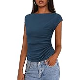 PRETTYGARDEN Women's Ruched Crop Tank Tops 2025 Summer Trendy Cap Sleeve Ribbed Knit Basic Fitted Going Out Tee Shirts