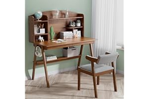 DELAVIN 39.37" Solid Wood Kids Desk and Chair Set, Study Computer Desk with Drawers, Children's Wooden Art Student Desk Set for Bedroom, Study Room, Large Hutch with Wire Hole, Walnut
