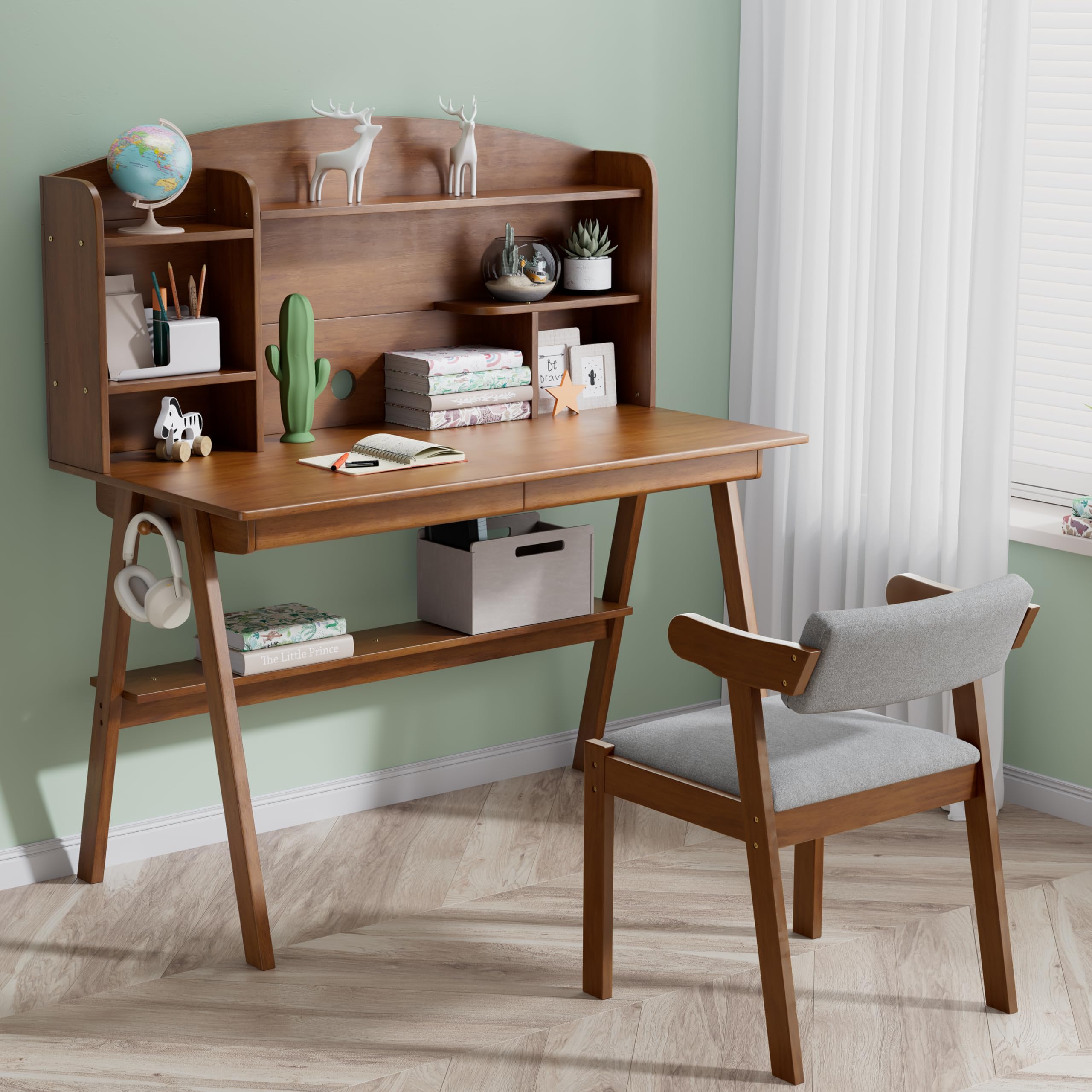 Photo 1 of DELAVIN 39.37" Solid Wood Kids Desk and Chair Set, Study Computer Desk with Drawers, Children's Wooden Art Student Desk Set for Bedroom, Study Room, Large Hutch with Wire Hole, Walnut