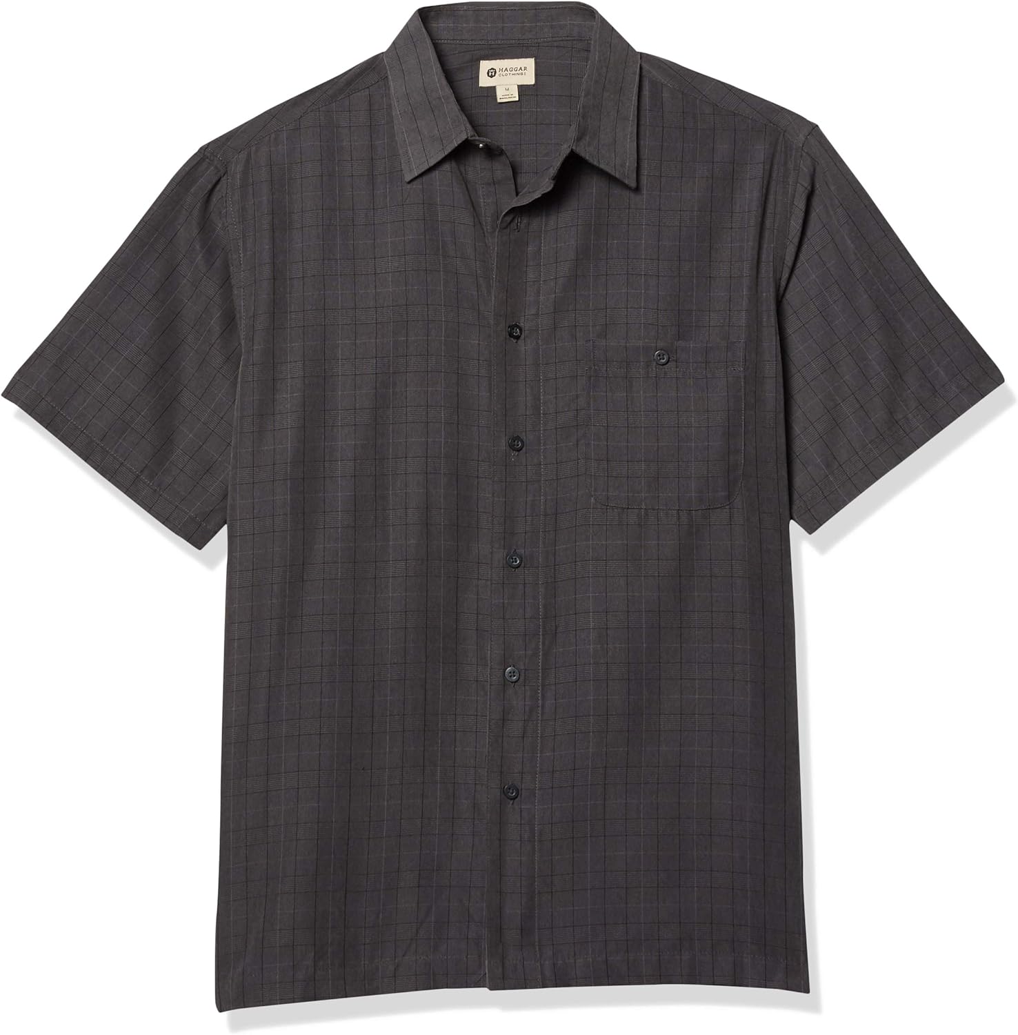 Haggar Men's Short Sleeve Microfiber Plaid Shirt, Caviar, 2XLarge